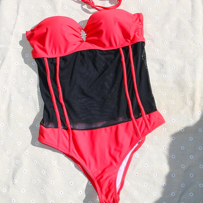 

sexy vintage mesh ribbed bandeau brand girl one piece underwire cute women swimwear newest bathing suit swimsuit patchwork solid