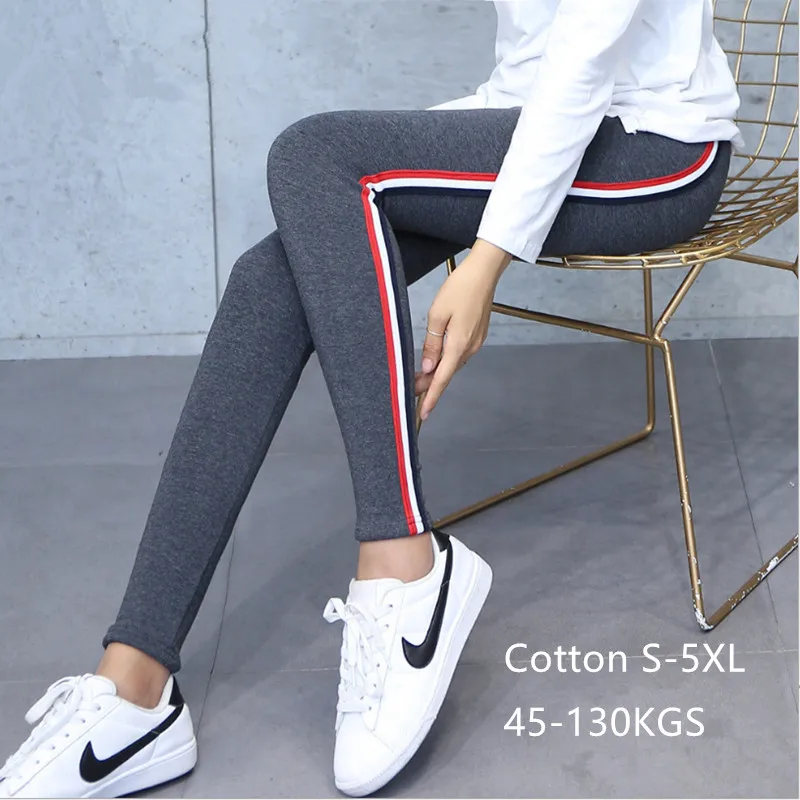 2023 Quality Cotton Leggings Side Stripes Women Casual High-stretch Leggings Pants High Waist Fitness Leggings Female