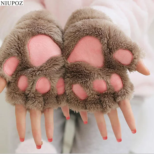 추천제품 사랑스러운 만화 솜털 곰 고양이 발톱 플러시 장갑 여성용, 겨울 반 손가락 글러브, Fingerless, 따뜻한 G22 소개