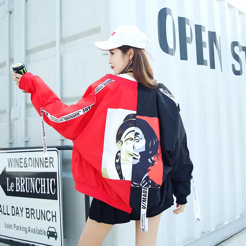 

Harajuku Wild loose streamer letters Printed baseball coat thin Sunscreen Zipper Jackets Stitching Outwear Cardigan Tops