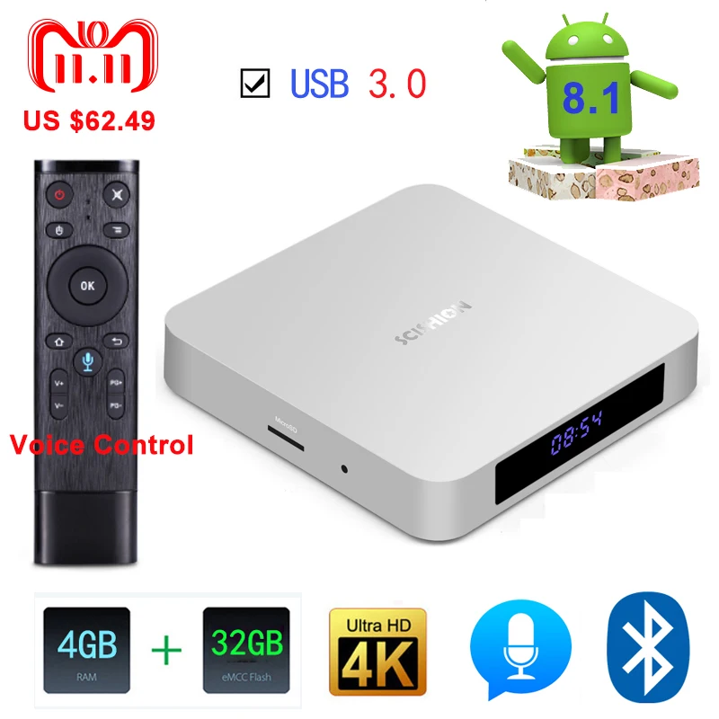 

2018 New SCISHION Smart TV Box Android 8.1 RK3328 Quad Core 64bit Mali-450 GPU 4G/32G WiFi BT4.0 4K Media Player +Voice Control