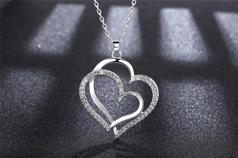 Top Quality AAA Austrian Crystal Necklace Rhinestone Double Heart Pendant Necklace Sweater Chain Charm Women Fashion Jewelry N18 (8)