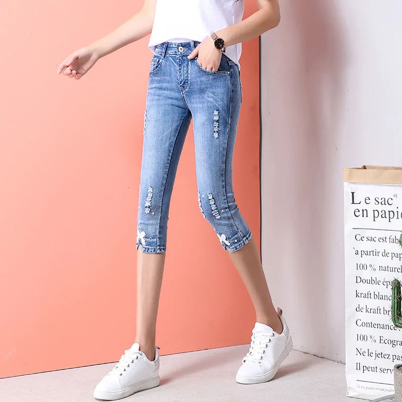 

Denim Capri Skinny Jeans Woman Stretch Ripped Jeans Plus Size Short Denim Pants For Women Summer Clothing