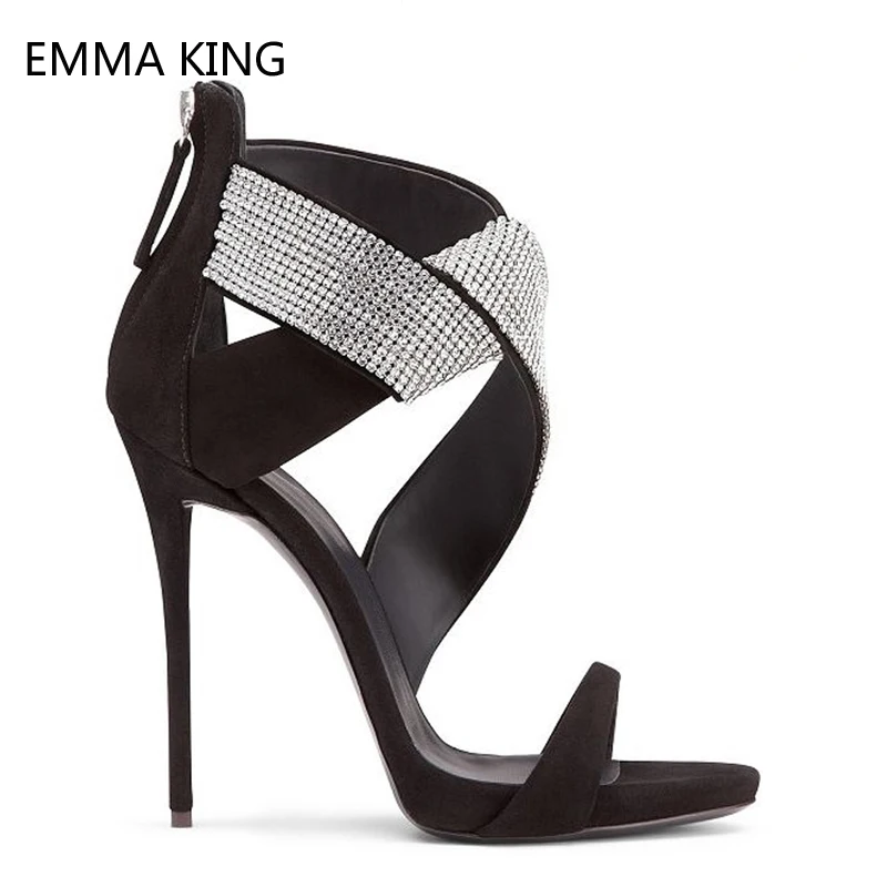

2019 Summer Super High Heels Open Toe Leather Shoes Women Sandals Rhinestone Sexy Fashion Suede Party Dress Ladies Shoes Heels