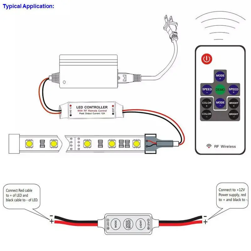 Led Strip Controller Dimmer 12A Wireless RF Remote Control Single Color Strip Lighting 3528 5050