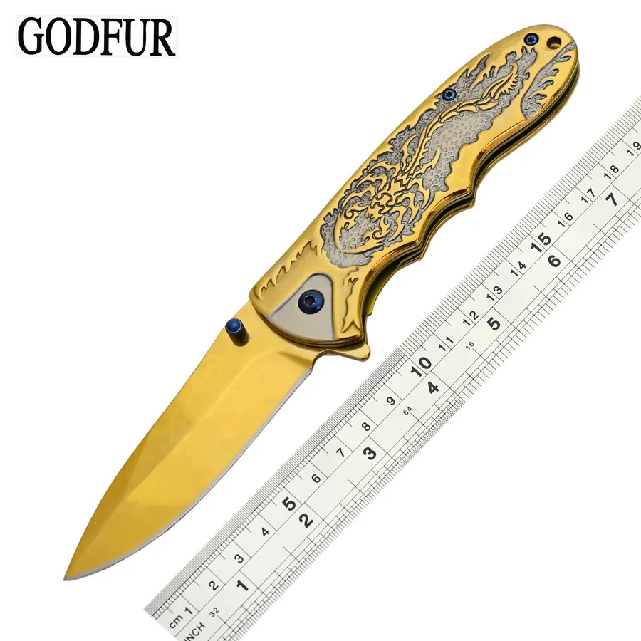 

GODFUR Scorpion Golden titanium folding knife 5cr13mov corrosion blade steel handle outdoor camping hunting pocket gift knives