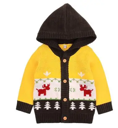 Новые свитера для маленьких мальчиков и девочек; пальто; детская одежда; осенне-зимняя куртка; Рождественский вязаный кардиган для малышей; джемпер с капюшоном и длинными рукавами - Цвет: 82W311 Yellow