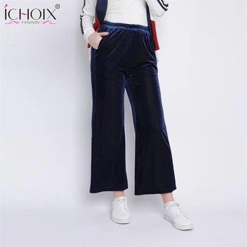 

ICHOIX women pants elegant Velvet Pants high waist Warm winter long pants straight Trousers Women loose black Wide Leg Pants