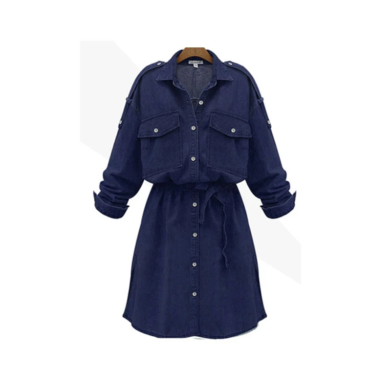 Summer Plus Size Denim Dress For Women Long Sleeves Denim Dresses Turn-Down Collar Slim Buttons Up Blue Jeans Dresses For Women
