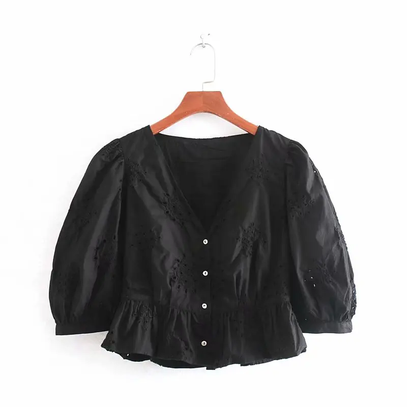 

new women vintage v neck hollow out embroidery black blouses shirts women lantern sleeve casual chic chemise blusas tops LS3754