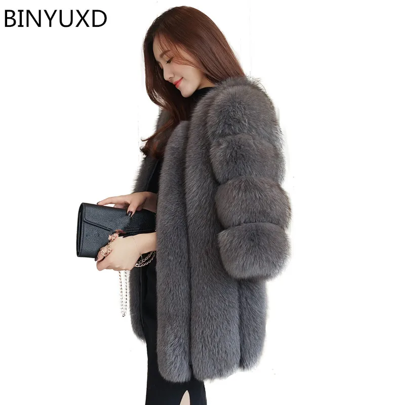 

BINYUXD New Elegant Fake Fox Fur Jacket Women Winter Fashion Faux Fox Fur Jackets Woman Warm Artifical Fox Fur Coats Ladies