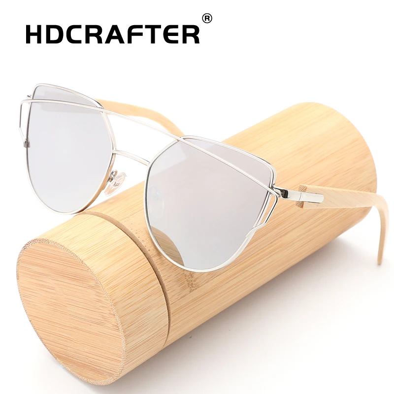 HDCRAFTER bamboo солнцезащитные очки для женщин Кошачий глаз очки сплав деревянная оправа модные зеркальные солнцезащитные очки для женщин бренд дизайнер uv400