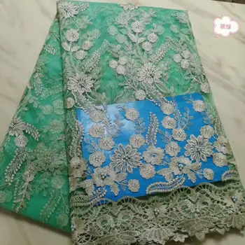 

2019 French African Lace Fabric Velvet Cotton Cord Tulle Nigerian Tissu Mesh India Lace For Wedding Dress Green Gold Line Beads