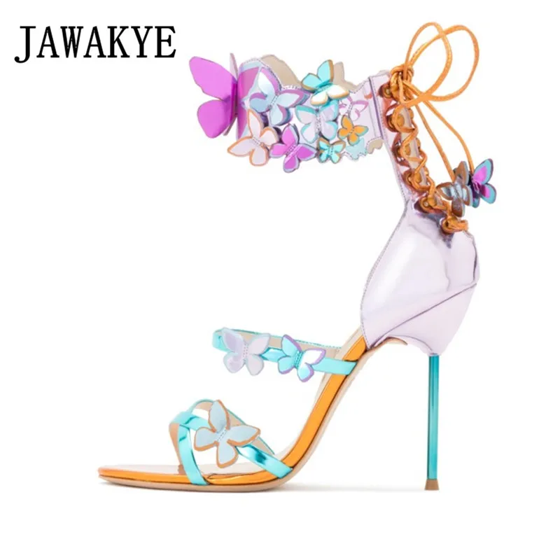 

New Mirror Pink Butterfly Sandals Women Metal thin High Heels Summer Shoes Woman Ankle Strap lace up Party Shoes Sandalias mujer