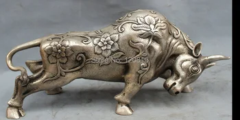

16" Chinese Silver Folk Carved Animals Year Zodiac Flower Strong Bull Ox Statue