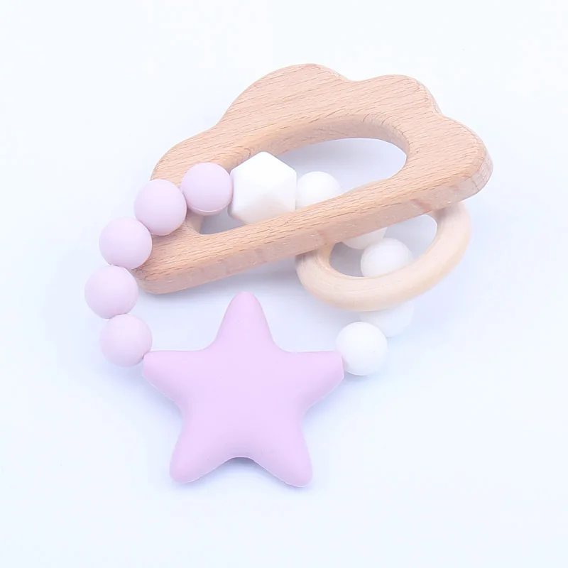 

Food Grade BPA Free silicone teethers Bracelet Beech Wood Pendant Cartoon Teether chewing Baby Teething Care Star Silicone Beads