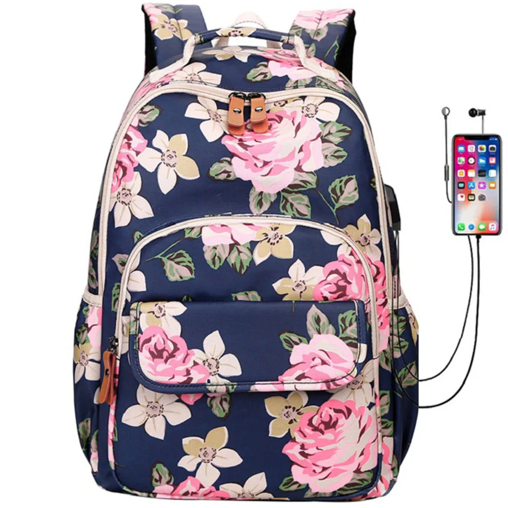 

2019 New Waterproof Floral Print Nylon Schoolbag Female Laptop Backpack Fashion Women USB Bag Travel Backpack Mochila Bag Pack