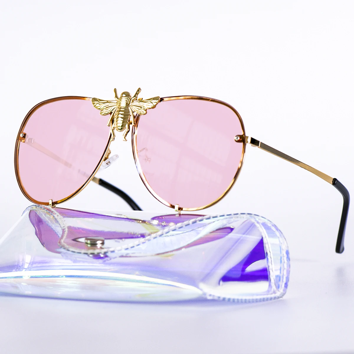 С красочными меняющимися цветами очками случае Роскошные Металлические большие пчелы пилота солнцезащитные очки для мужчин и женщин A47850