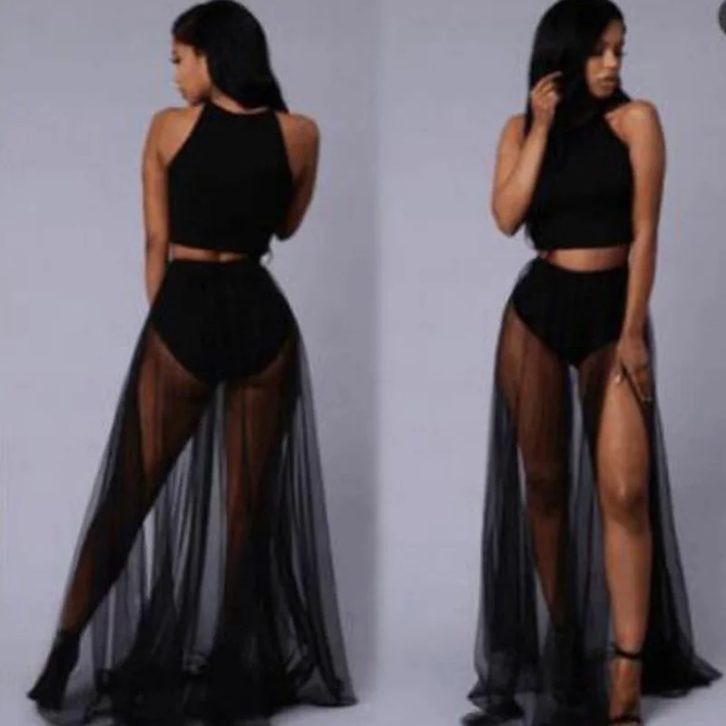 Новые Сексуальные женские прозрачные сетчатые длинные юбки прозрачные Макси Тюль Кружева перспектива Длинные юбки один размер