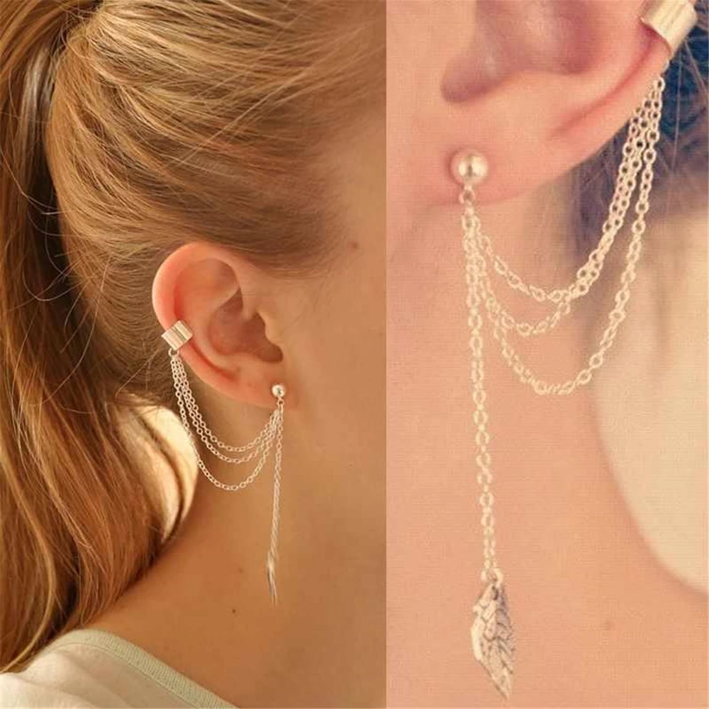 2pcs Simple Clip Earring Leaf Tassel For Women Chain Dangle Ear Cuff