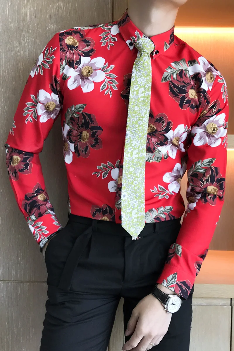 Bunga Merah Kemeja Pria Casual Slim Fit Korea Fashion Baju Pesta