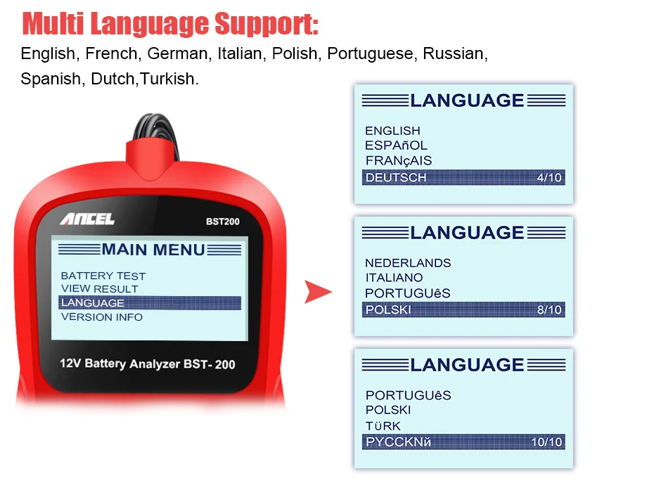 Ancel BST200 автомобильный аккумулятор тестер нескольких языков 12 В в ячейка 100-1100CCA 30-100Ah батарея система обнаружения Автомобильный