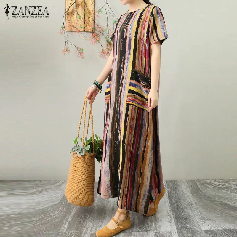 ZANZEA летнее винтажное Полосатое Платье с принтом, женское повседневное длинное платье с круглым вырезом и коротким рукавом размера плюс, женское платье макси Vestido