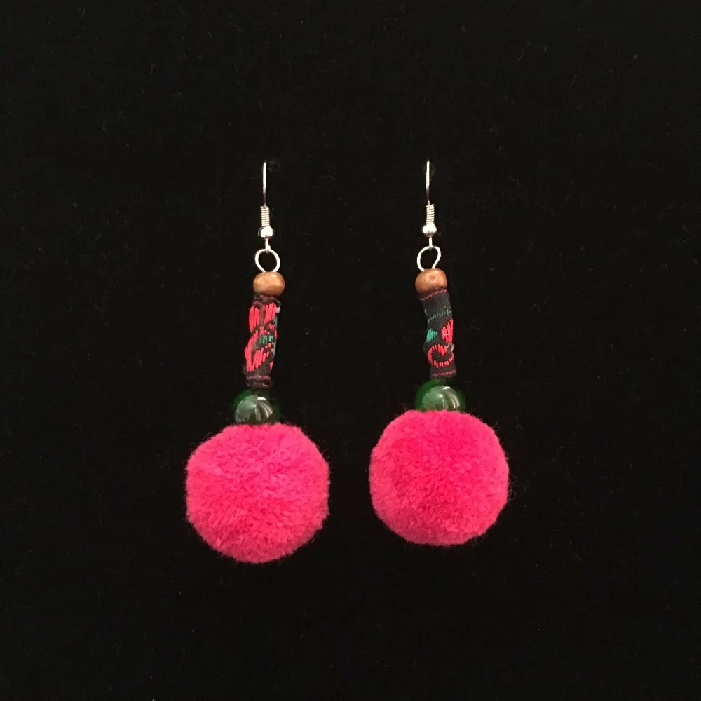

BOHO Pink Wool Ball Earrings Handmade Cloth Earrings. Chinese Miao Nationality Demeanor Fake Jewelry
