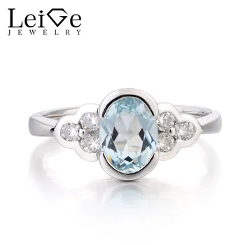 

Leige Jewelry Natural Blue Aquamarine Ring Wedding Ring March Birthstone Oval Cut Gemstone Solid 925 Sterling Silver for Women