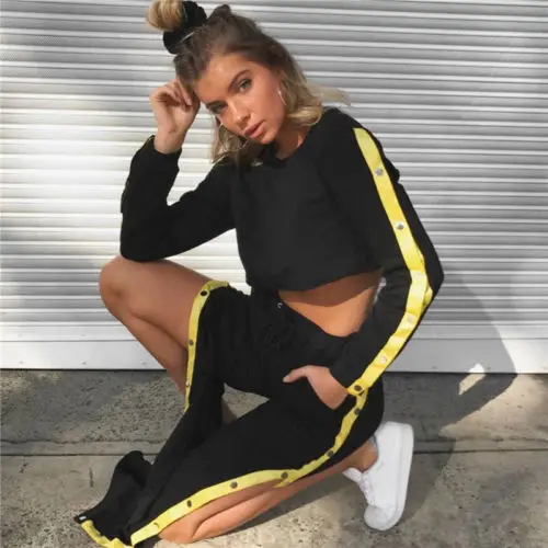 

New 2pcs Women Hoodies Long Sleeve Crop Tops Pants Tracksuit Black Sweatshirt Suits Clothes Pajama Set