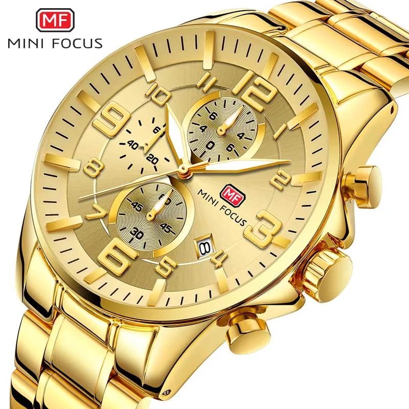 

Fashion Luxury Brand Men's Wristwatch MINIFOUCS Men Watches Stainless Steel Gold Quartz Wrist Watch Men Waterproof Reloj Hombre