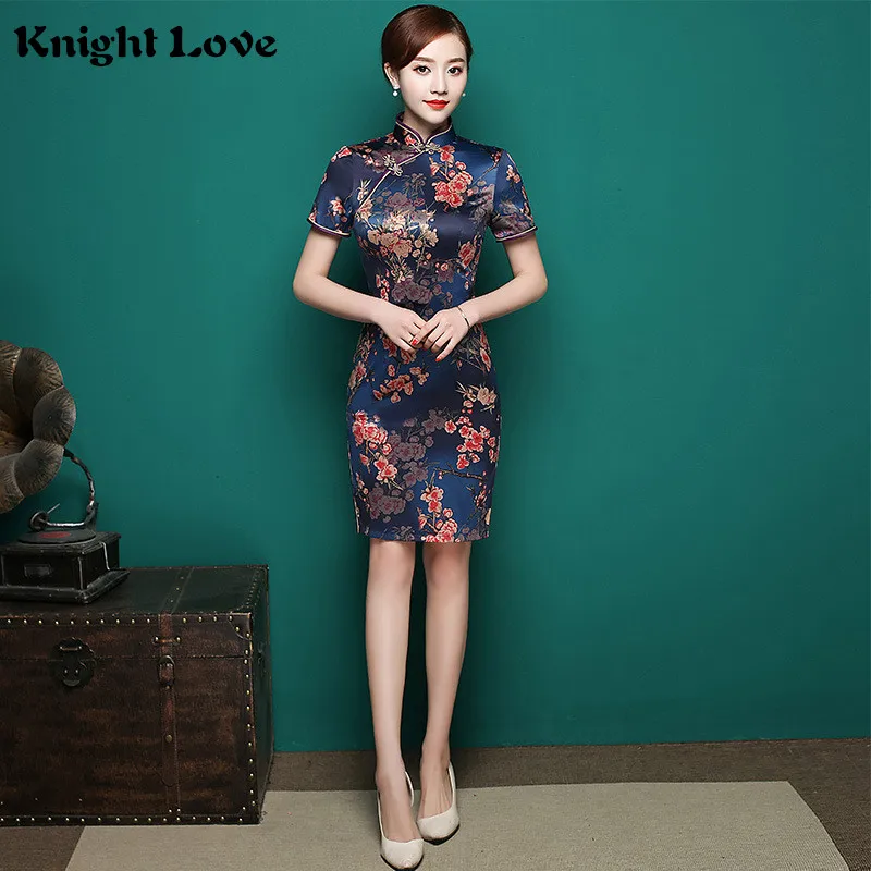 

New Chinese Traditional Dress Femal Women Vintage Satin Cheongsam Short Sleeve Qipao Elegant Chinese Style Evening Party Dress