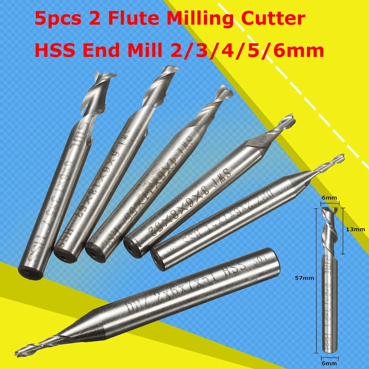 

5Pcs/Set 2/3/4/5/6mm 2 Flute Milling Cutter HSS End Mill CNC Engraving Bit Straight Shank Drill Bit Tools