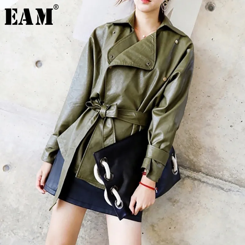 [EAM] 2019 New Spring Solid Color PU Leather Coat Slim Short Lace Up Shrink Waist Jacket Women Fashion Tide LA940