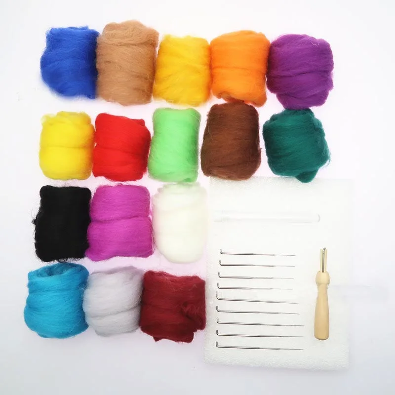 

16 Colors Wool Felt Fibre Roving With Needle Set For Felting DIY Handcraft Starter Needlework Craft