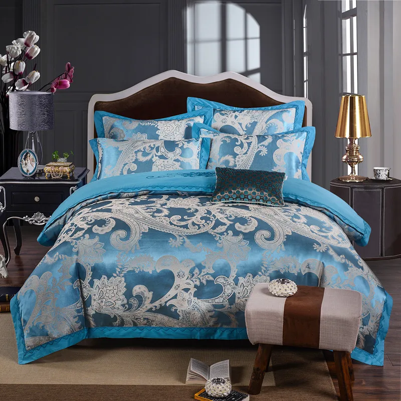 

4pcs Silk Cotton satin Luxury Jacquard Bedding Set 22 styles Duvet cover set Bed Sheet Pillowcases Queen King size bed linen