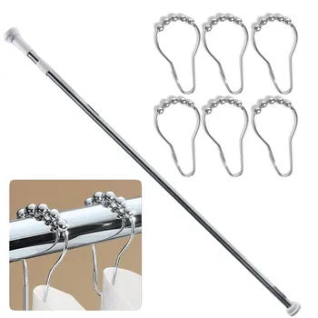 

Behokic 50-80cm Multifunction Stainless Steel Extendable Pole Rod Bar with 6PCS Hooks for Bathroom Curtain Towe Wardrobe