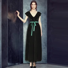 AIGYPTOS EOF Original Design Women Vintage Autumn Winter Sexy V-Neck Butterfly Sleeve Elegant Slim Velvet Maxi Long Dress