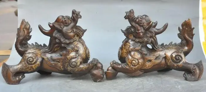 

song voge gem S6344 9"chinese fengshui bronze wealth yuanbao foo dog lion beast Unicorn lucky statue
