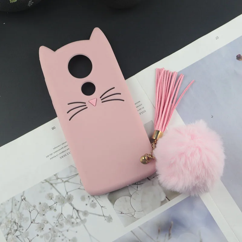 3D милый японский чехол с милым котом для Motorola Moto E4 E5 C Plus G5 G5s G6 Play, чехол с кисточкой, подвеской из кроличьего меха, чехол с помпоном