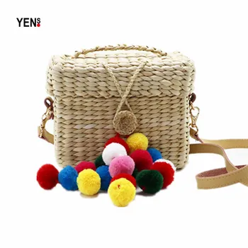 

New Brand Fashion Women Straw Bag Fur Ball Handbag Woman Summer Rattan Bag Knitting Shoulder Bag Woven Beach Bohemia Box Handbag