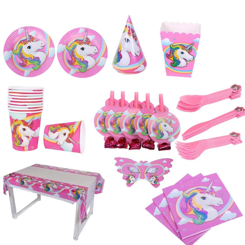 

Unicorn Theme Cartoon Party Set Balloon Tableware Plate Napkins Banner Birthday Candy Box Baby Shower Party Decor