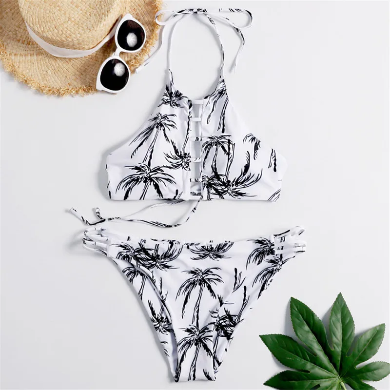 

2019 Coconut Tree Print Sexy Bikini Set Woman Triangle Two Piece Swimsuit Female Push Up Low Waist Swimwear Beachwear Bath suit
