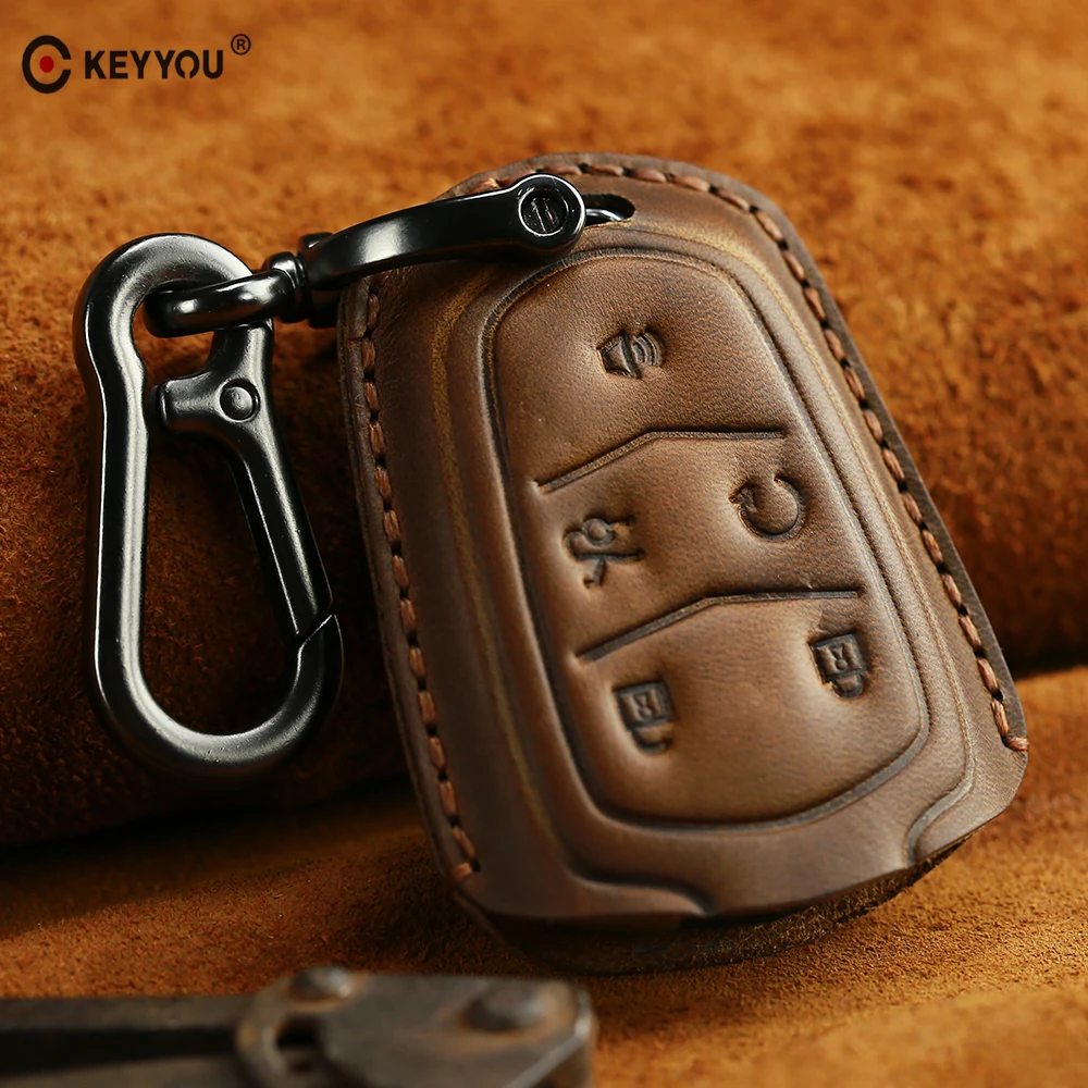 

KEYYOU Genuine Leather Car Key Case Cover For Cadillac Escalade ESV XTS ATS CTS CT6 XT5 BLS 2015-2019 Key Ring Smart Key Holder