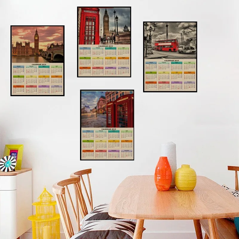 

Red Bus/Red Telephone Booth/ London England Travel Posters Vintage Kraft 2019 Calendar Posters Home Decoration for Living Room