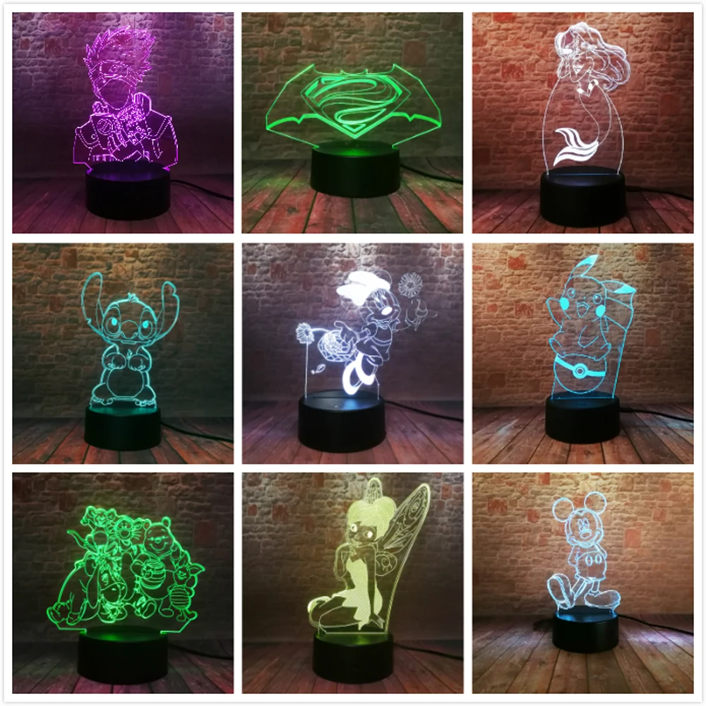 

Amroe Pokemon Pikachu Stitch Mickey Minnie Kakashi Mermaid 7 Color Change Auto Desk Table Light Lamp Xmas Boys Xmas Toys Gifts
