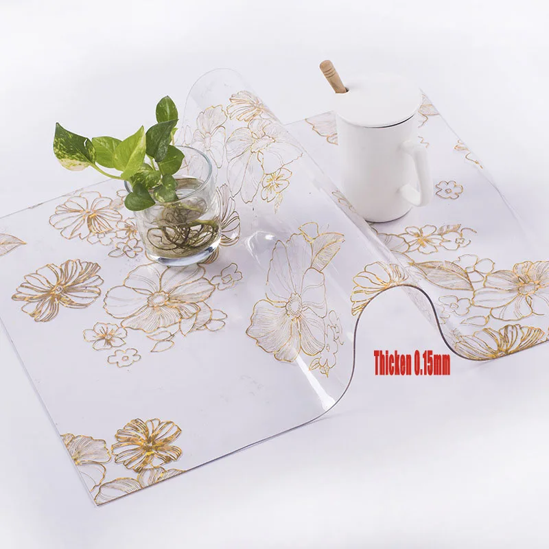 0.15mm PVC Gold Flower Table Clothsoft Glass Tablecloths Waterproof Oilcloth Dining Kitchen Table Mats for Party Home Decoration