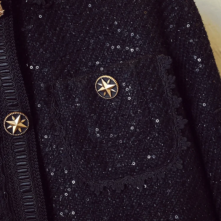 Роскошный дизайнерский брендовый пиджак для женщин, модное однобортное короткое пальто со стоячим воротником, расшитое блестками и кружевом черного цвета