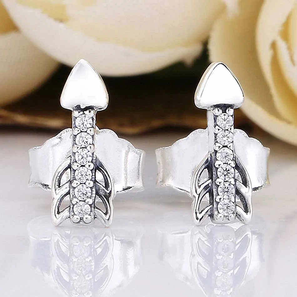 

Authentic 925 Sterling Silver Earring Sparkling Arrow Studs Earrings With Crystal For Women Wedding Gift Original DIY Jewelry