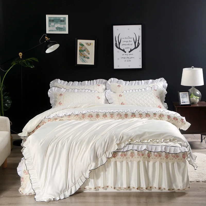 Best Luxury Washed Silk Pure Princess Lace Bedding Set Ruffles Silky Duvet cover set Bed skirt Pillowcases Queen King size 4pcs